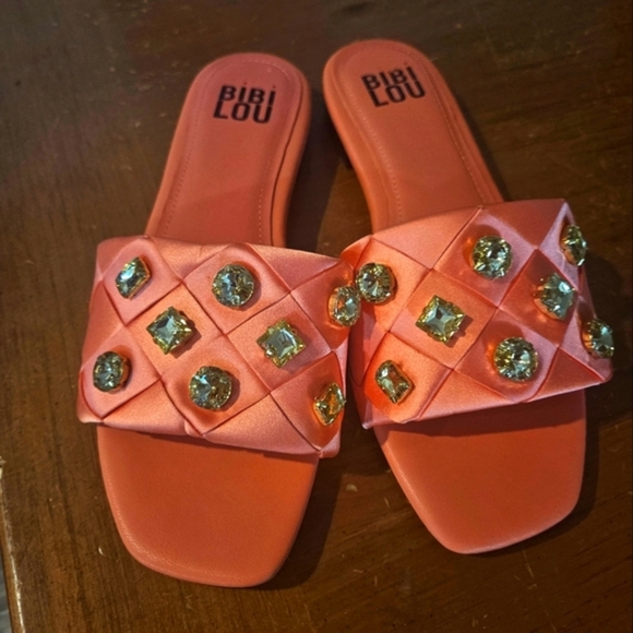 BIBI LOU x Anthropologie satin woven embellished Square toe Orange Sandals - Picture 14 of 16